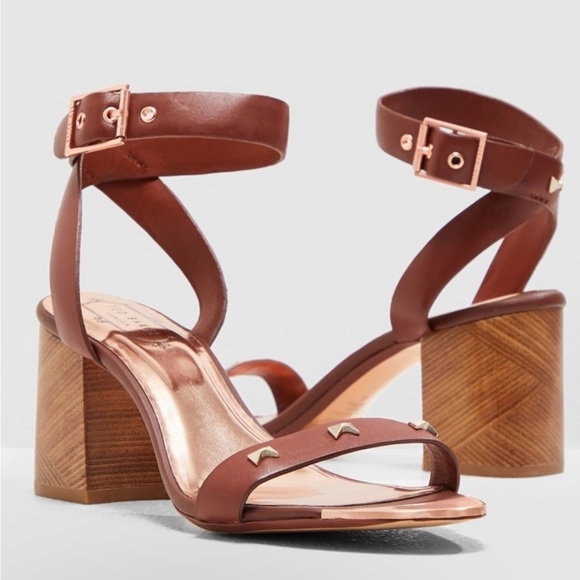 TED BAKER 39 Biah Brown 100% Leather Wood Block Heel Ankle Sandle With Bow Studs - Picture 3 of 14